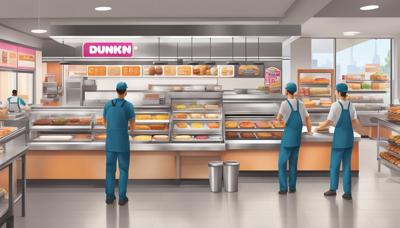 A modern, bustling Dunkin' Donuts store with clean, organized food preparation areas and staff wearing gloves while handling fresh breakfast items