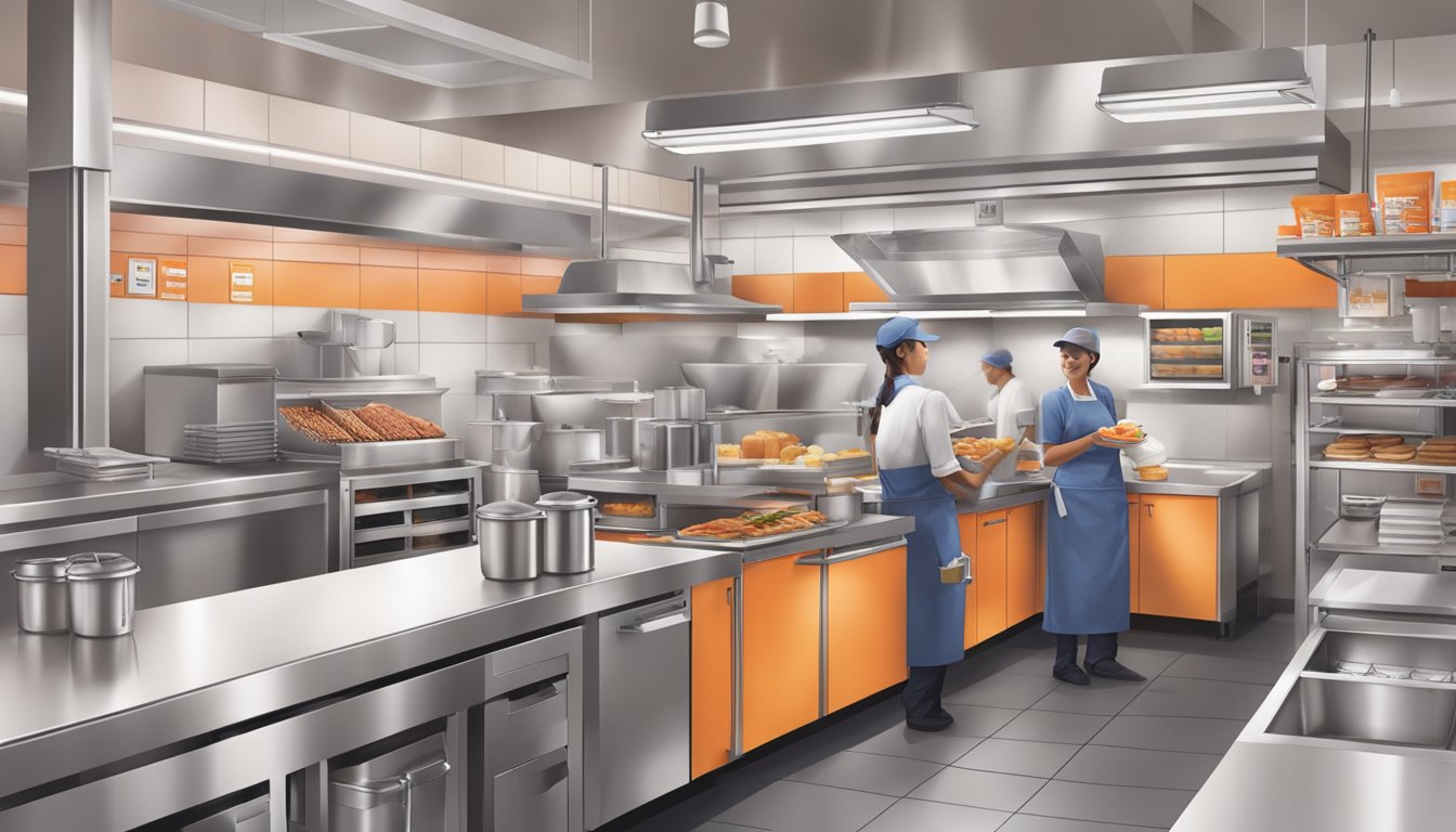 A bustling Dunkin' kitchen with staff monitoring temperature, cleanliness, and product quality to ensure breakfast food safety and control