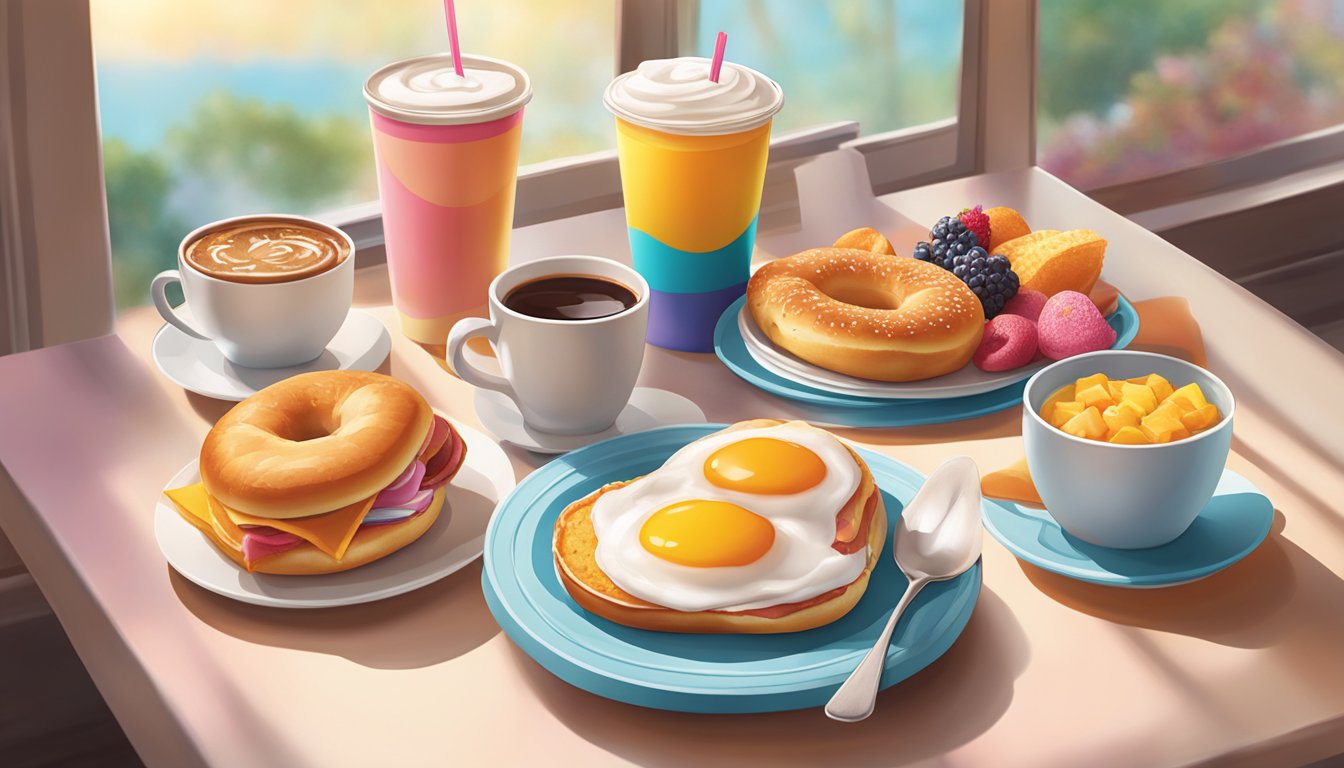 A table set with a colorful assortment of Dunkin' breakfast items, surrounded by warm, natural light streaming in through a window