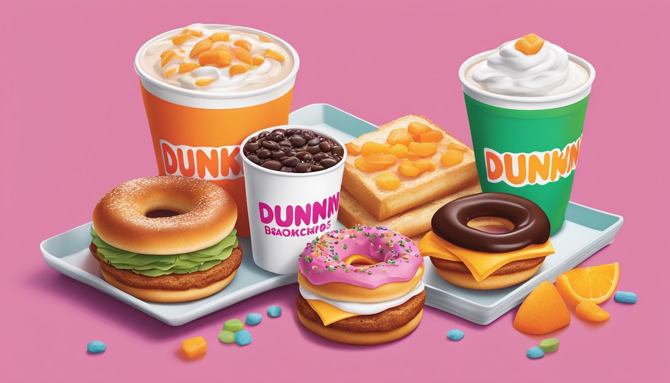 A table set with a variety of Dunkin' breakfast items, arranged with colorful backgrounds and natural lighting for a marketing photoshoot