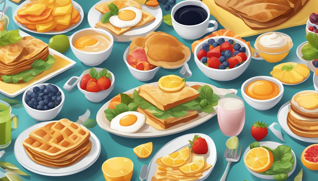 A table set with a variety of colorful and appetizing breakfast items, arranged in an aesthetically pleasing manner for a social media marketing photo shoot