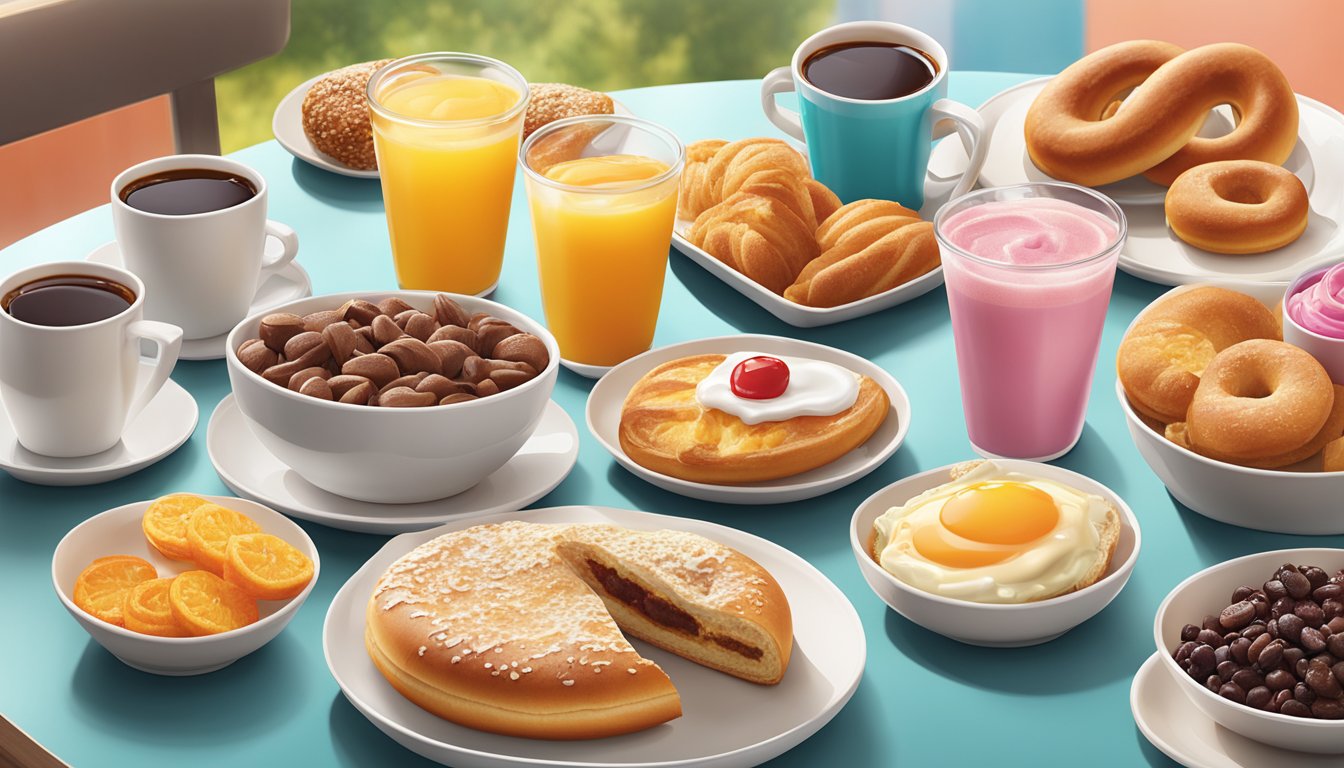 A table set with a variety of Dunkin' breakfast items, arranged neatly with fresh ingredients and colorful props, illuminated by natural light