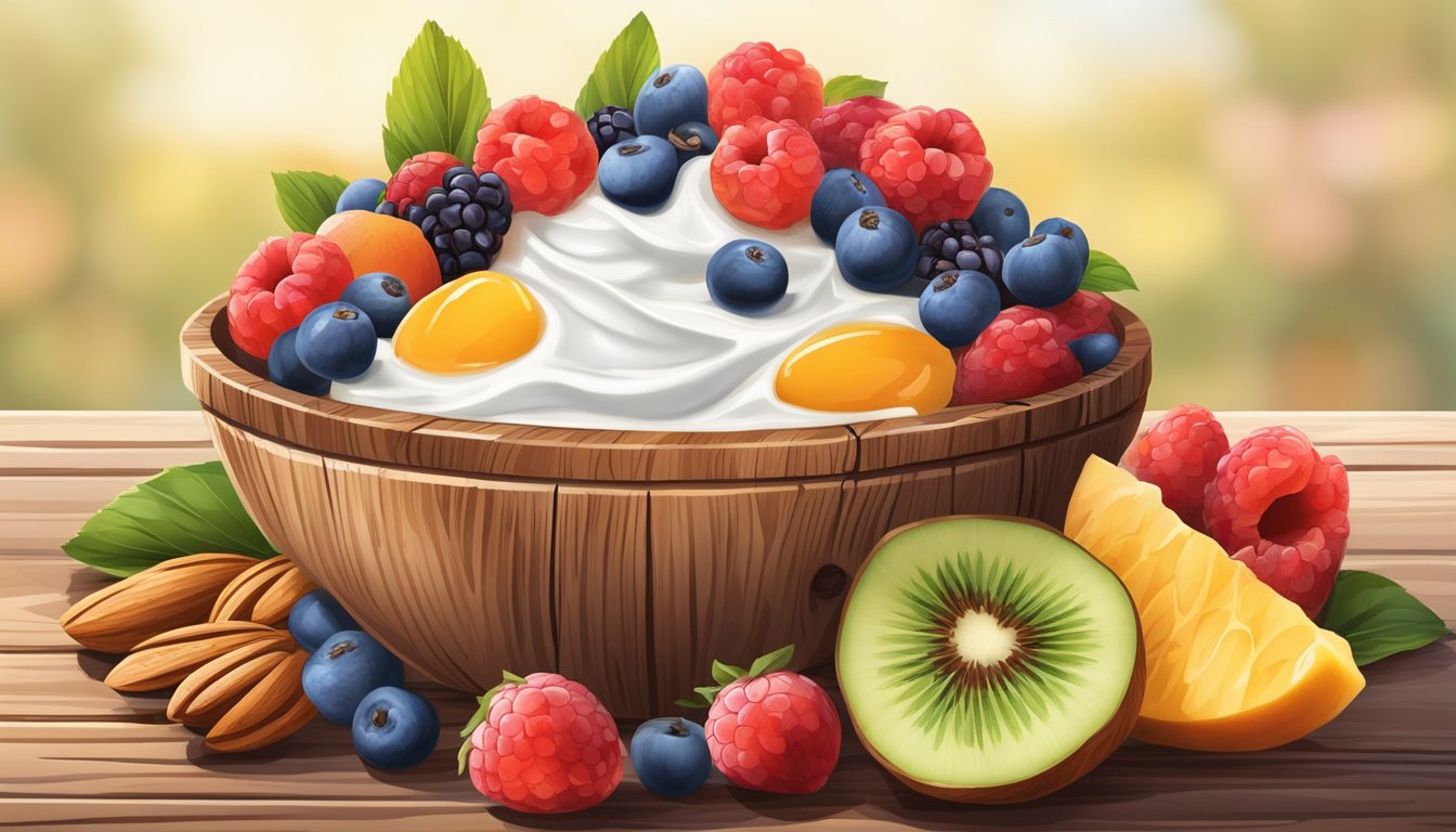 A rustic wooden table adorned with a glass bowl filled with creamy Greek yogurt, topped with a vibrant array of fresh fruits, nuts, and drizzled honey