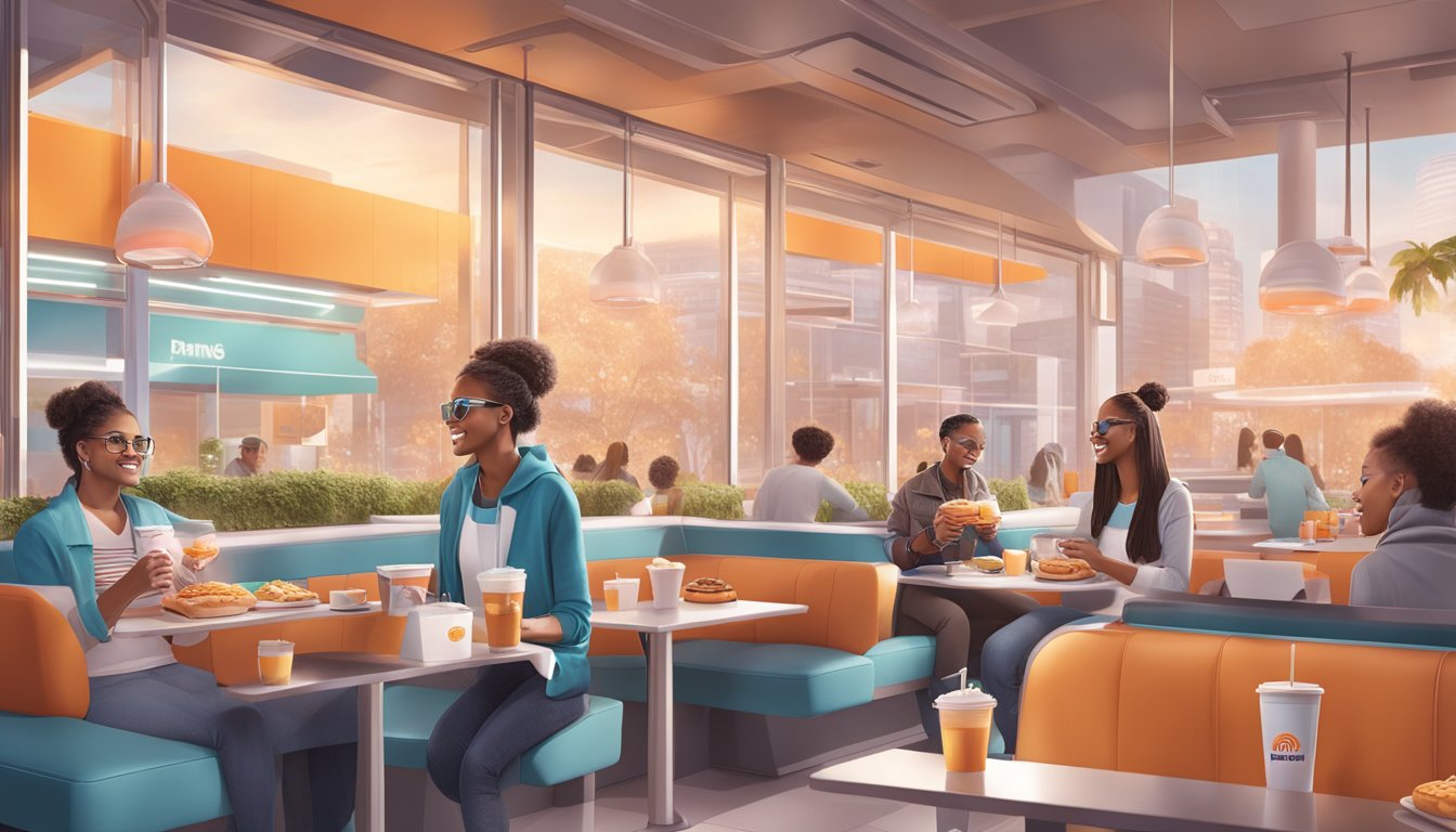 A futuristic breakfast scene at Dunkin' with advanced technology and innovative food options