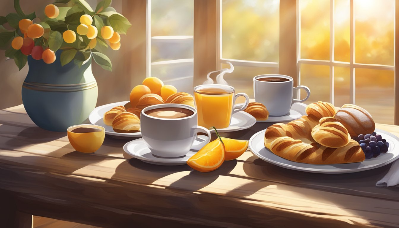 A warm, inviting breakfast spread with steaming coffee, freshly baked pastries, and vibrant fruit arranged on a rustic wooden table. Sunlight streams in, casting a soft glow on the scene