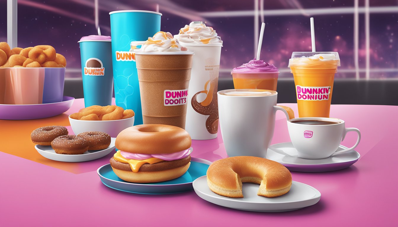 A futuristic Dunkin' Donuts breakfast with advanced technology and innovative food items displayed in a sleek, modern setting