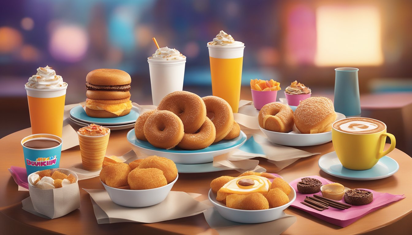 A table set with a variety of Dunkin' breakfast items, arranged in an appealing and artful manner, with strategic lighting and props for a marketing photoshoot