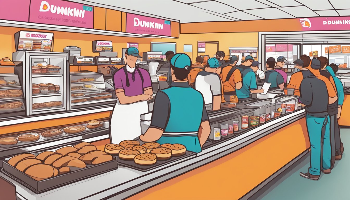 A busy breakfast rush at a Dunkin' Donuts store, with customers lined up and employees hustling behind the counter to fill orders