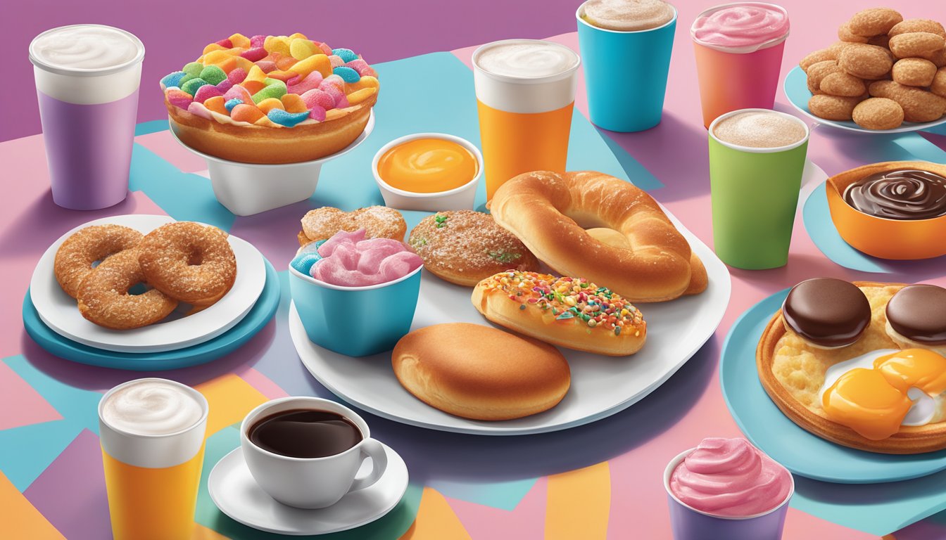 A table set with a colorful array of Dunkin' breakfast items, arranged in an appealing and artful manner for a marketing photoshoot