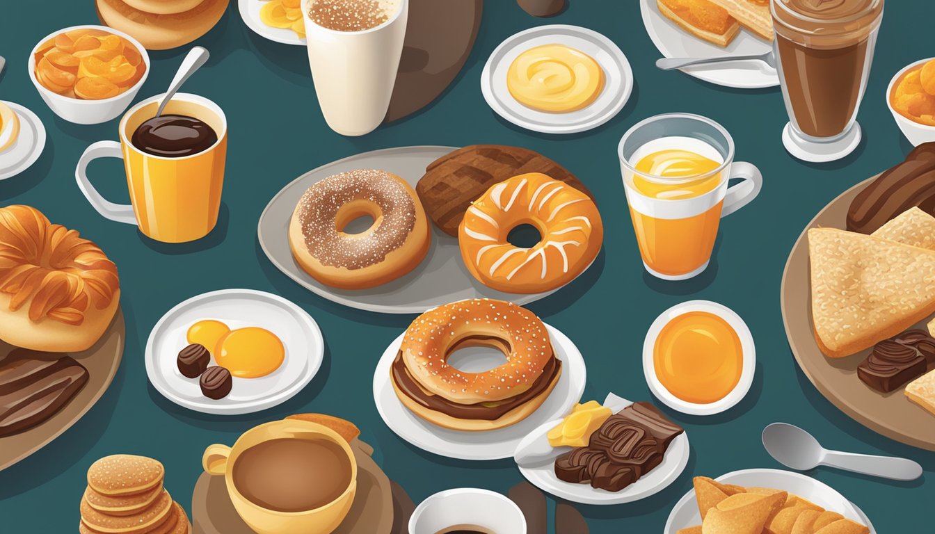 A table set with a variety of Dunkin' breakfast items, arranged in an appealing and artful manner, with a warm and inviting ambiance