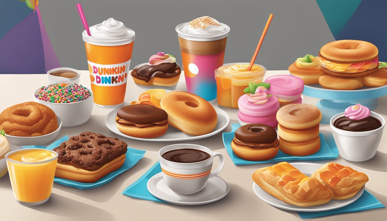 A table set with a variety of Dunkin' breakfast items, arranged with colorful and appealing presentation