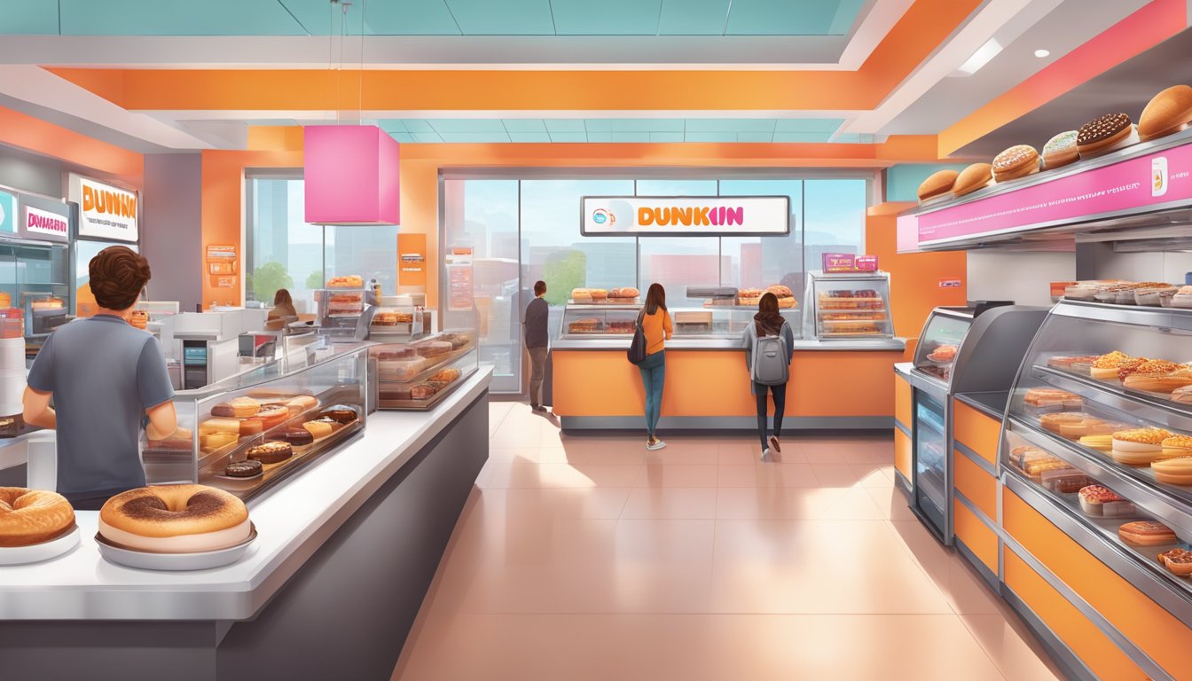 A bustling Dunkin' Donuts store with futuristic breakfast items and innovative technology