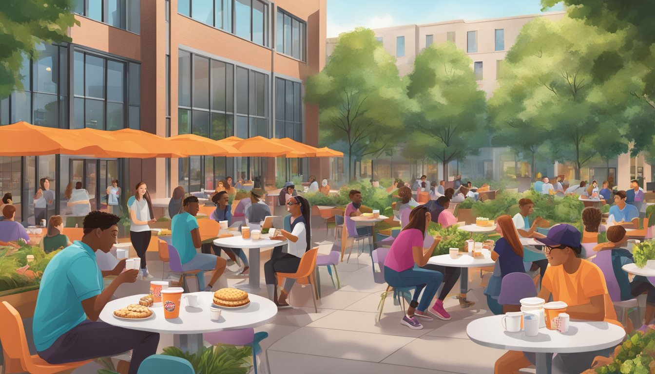 Students gathering at outdoor tables with Dunkin' branded coffee cups and pastries, surrounded by campus buildings and greenery