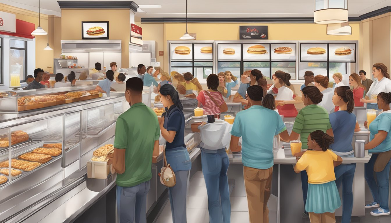 A bustling Chick-fil-A restaurant during breakfast hours, with customers lined up at the counter and the aroma of freshly cooked food filling the air