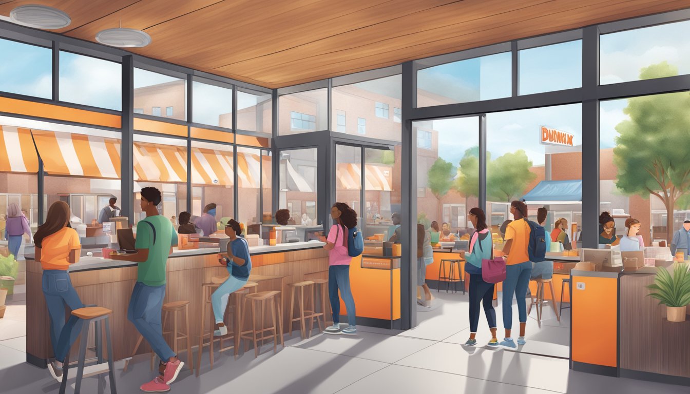 A bustling college campus with students enjoying Dunkin' at a standalone kiosk, a food truck, and a cozy café inside a student center