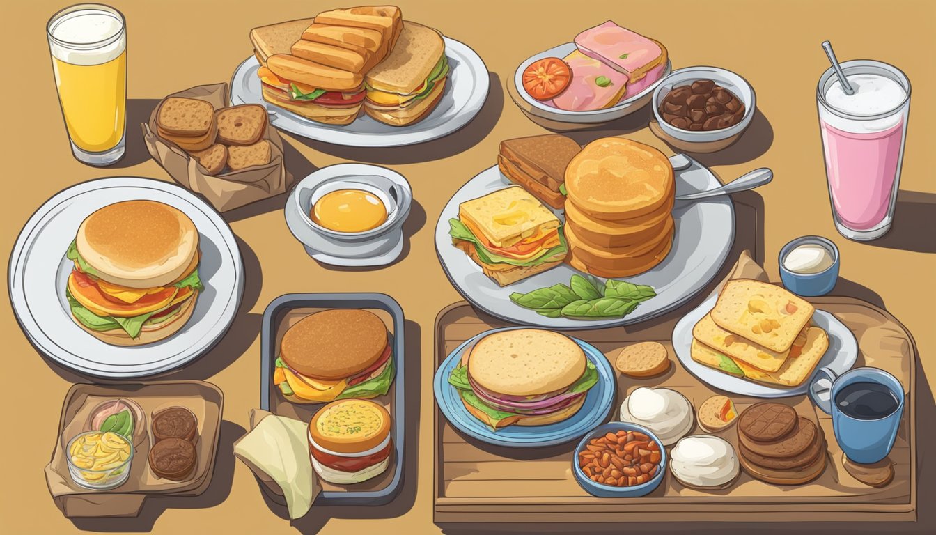 A table with various breakfast items, including sandwiches, biscuits, and drinks, displayed with corresponding prices