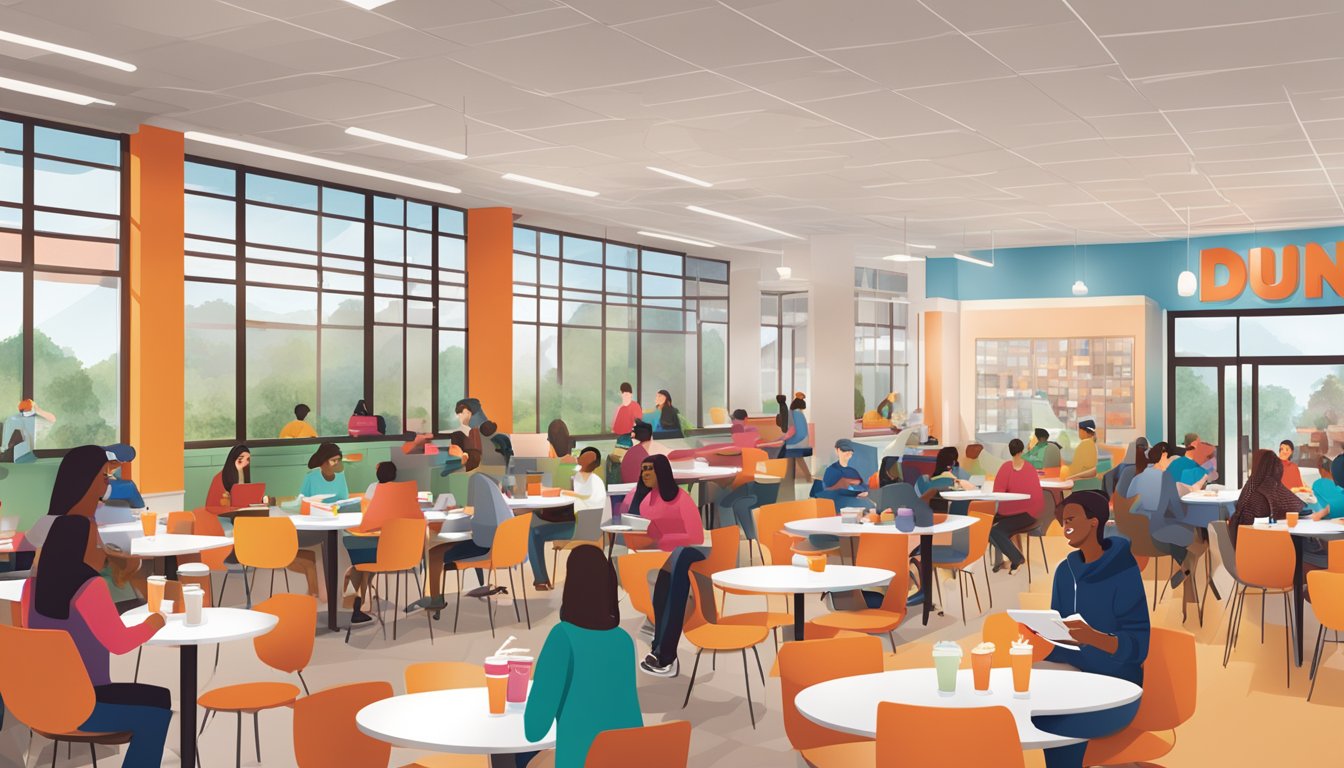 A bustling college campus dining area with students enjoying Dunkin' products, socializing, and studying, creating a vibrant and integrated atmosphere