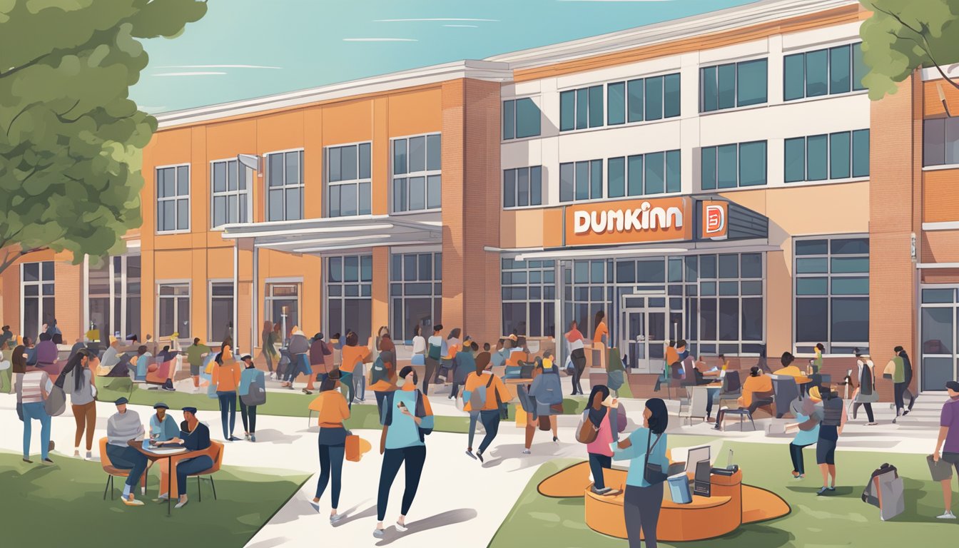 A bustling college campus with a prominent Dunkin' location surrounded by students studying, socializing, and grabbing coffee and snacks between classes