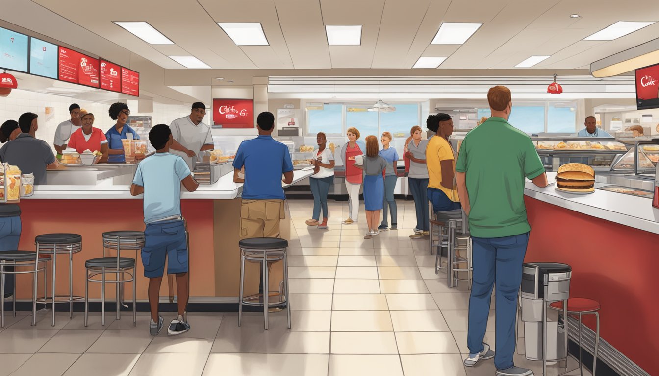 The scene is set at a Chick-fil-A restaurant during breakfast hours, with a display of menu items and pricing, along with customers in line and a staff member behind the counter