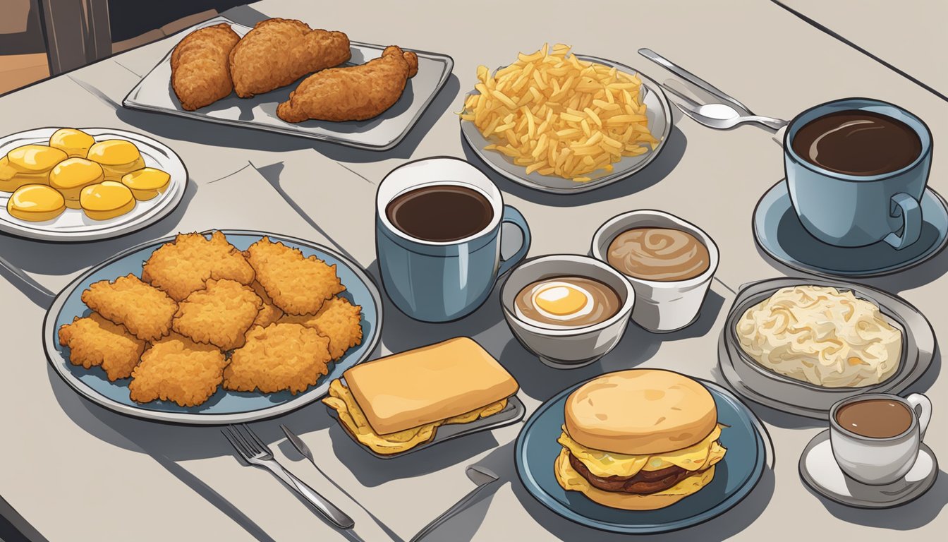 A table with various breakfast items including chicken biscuits, hash browns, and coffee, with prices displayed