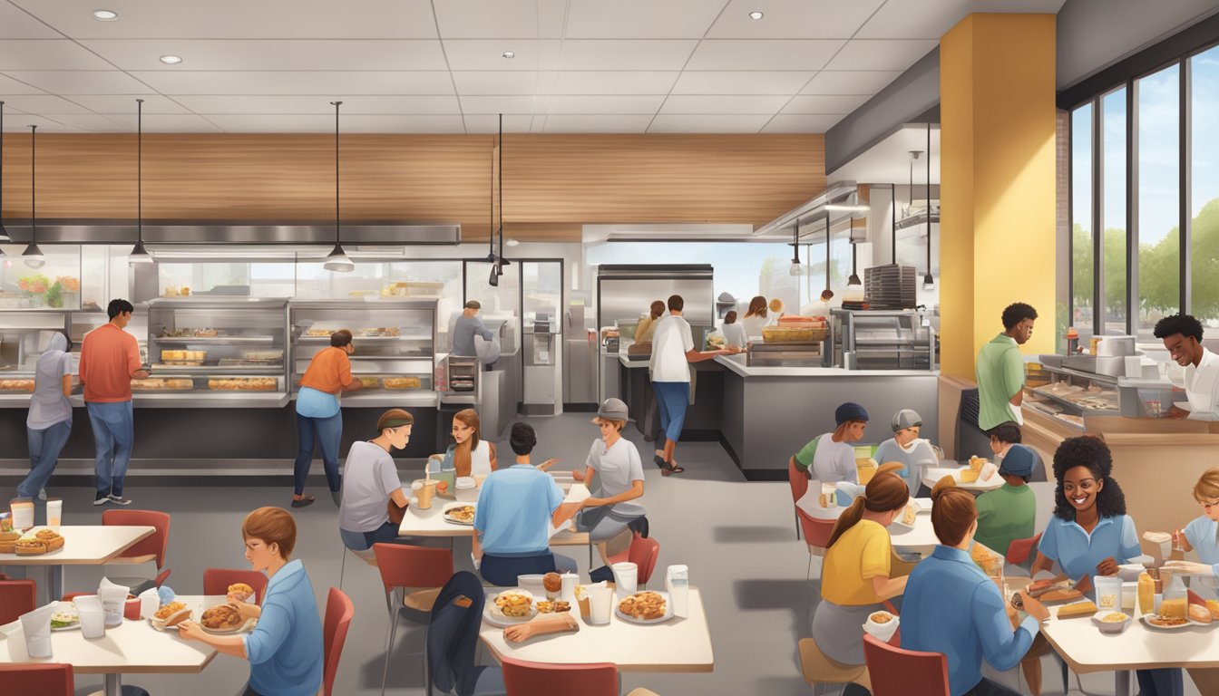 A bustling Chick-fil-A restaurant with customers enjoying breakfast, while staff diligently collect and separate recyclable packaging