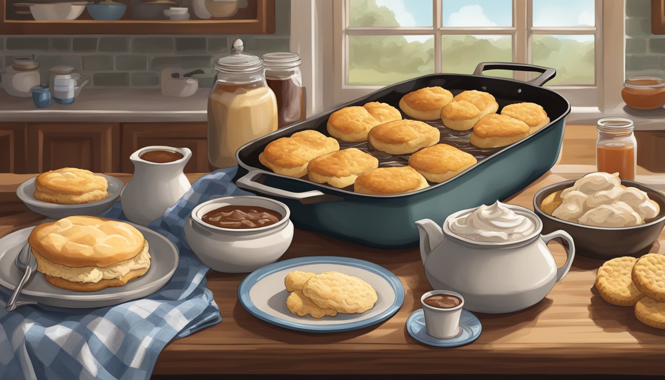 A cozy southern kitchen with a sizzling skillet of biscuits, gravy, and chicken, surrounded by jars of homemade jam and sweet tea