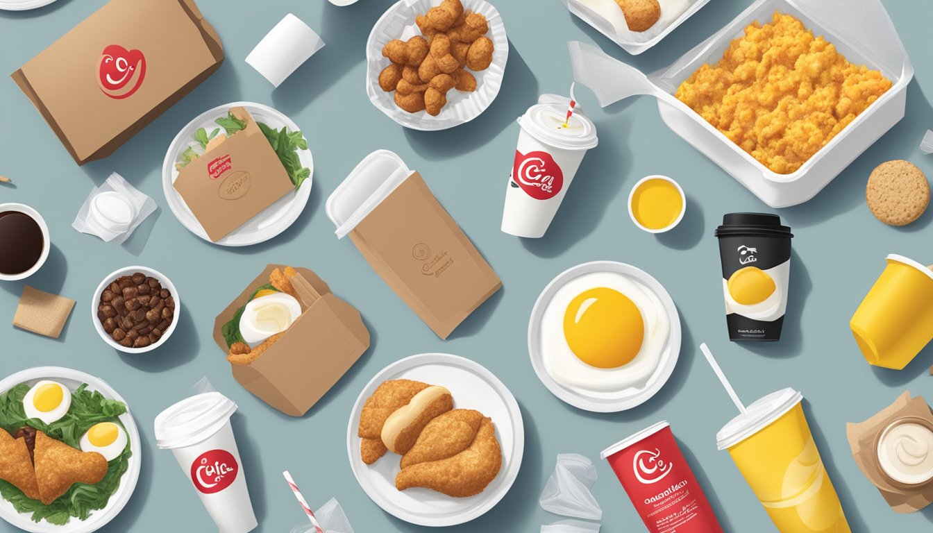 A table with various Chick-fil-A breakfast packaging items surrounded by eco-friendly alternatives, such as reusable containers and biodegradable materials