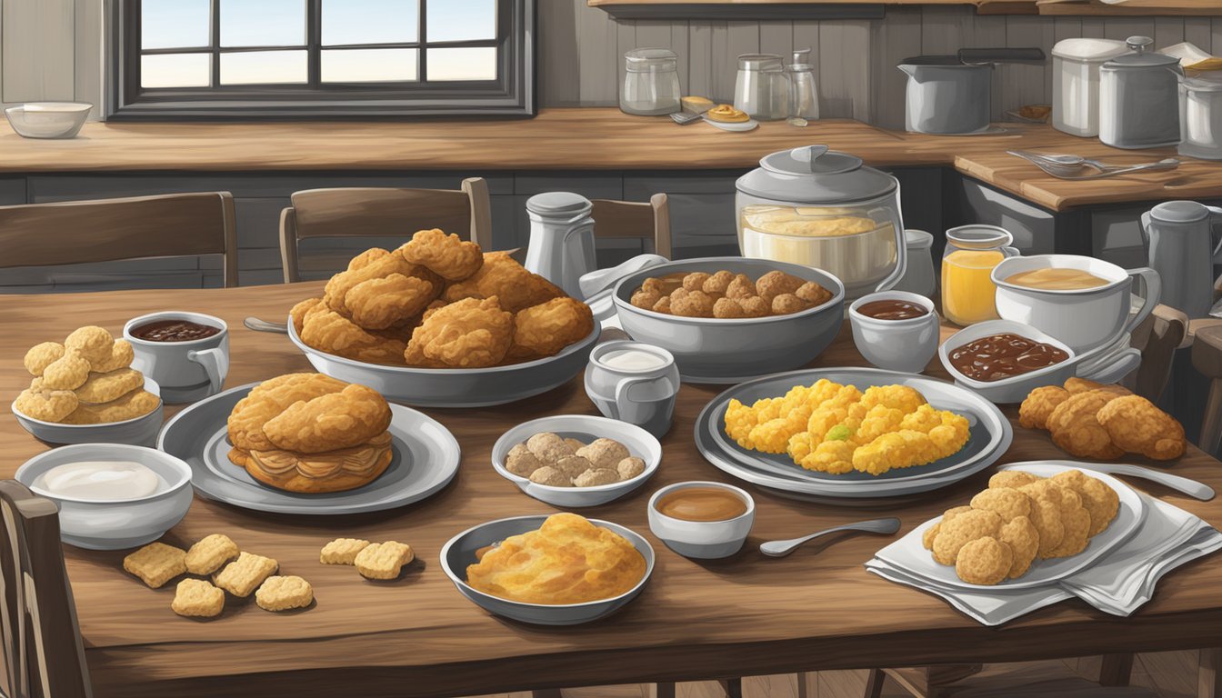 A rustic kitchen table displays a spread of Southern breakfast items, including biscuits, gravy, and fried chicken, with a chalkboard sign listing nutritional information and allergens