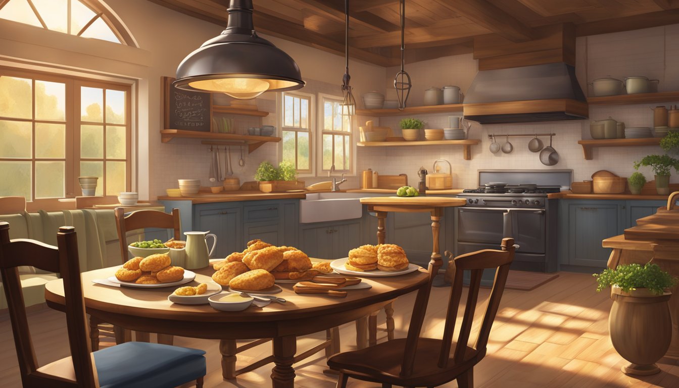 A rustic Southern kitchen with a sizzling skillet of chicken and biscuits, surrounded by warm morning light and a cozy dining area