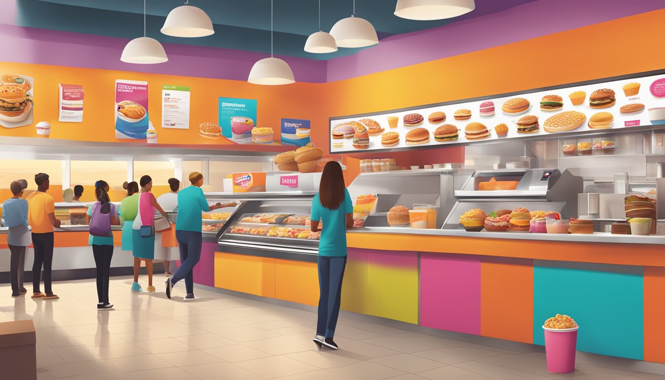 A bustling fast food restaurant with a vibrant breakfast menu display, featuring Dunkin's logo prominently among a variety of competing brands