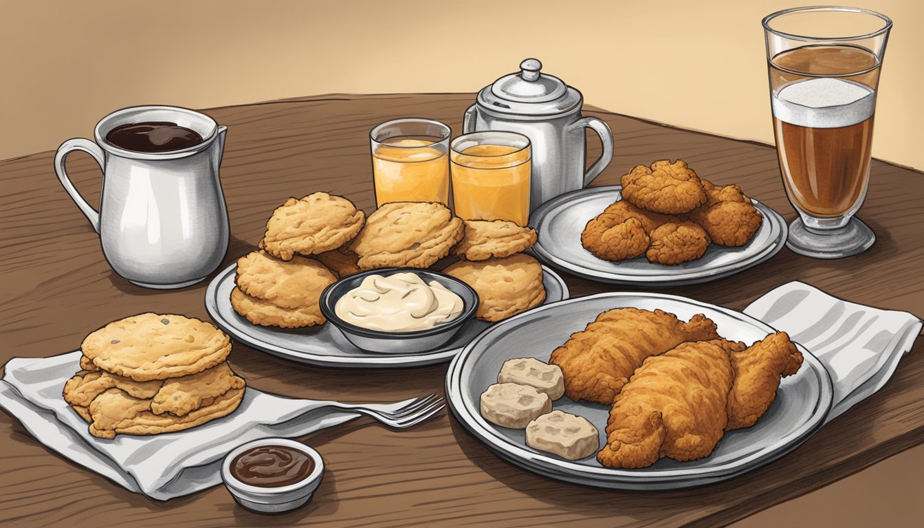 A rustic kitchen table with a platter of biscuits, gravy, and fried chicken, accompanied by a glass of sweet tea and a branded Chick-fil-A napkin