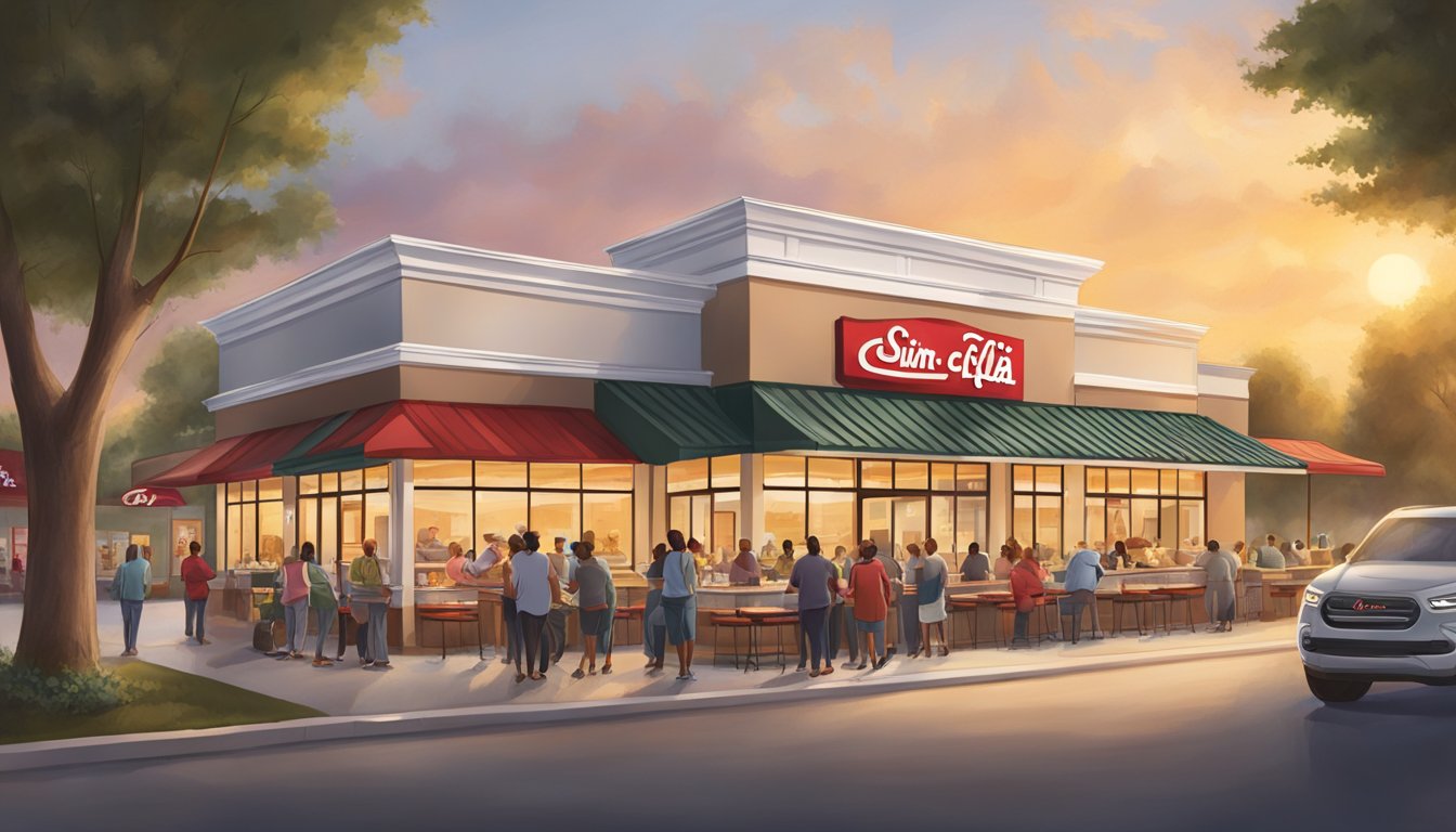 The sun rises over a bustling Chick-fil-A restaurant, with a line of customers eagerly awaiting their Southern-inspired breakfast menu items. The aroma of freshly cooked biscuits and chicken fills the air, as employees work diligently to serve the hungry crowd