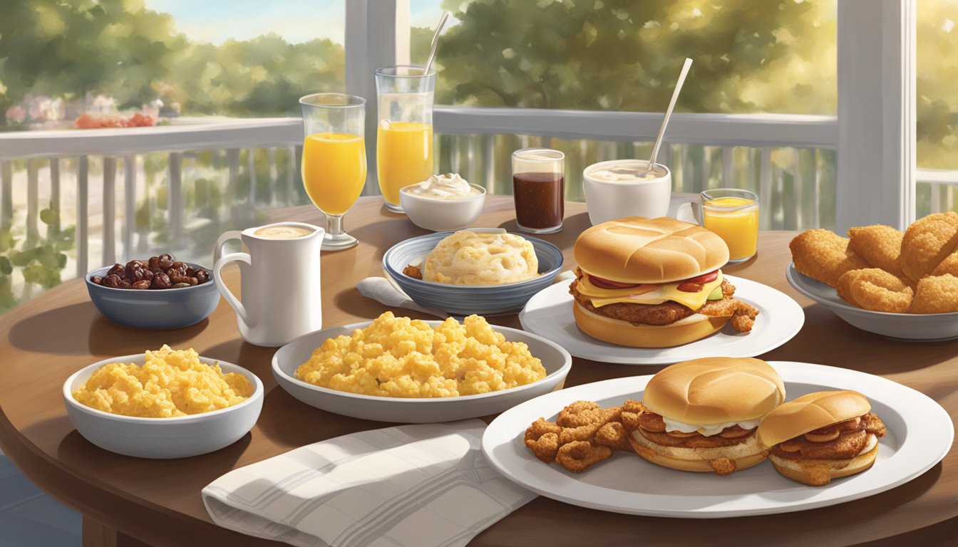 A sunny morning with a table set for breakfast, featuring a spread of Southern-inspired dishes from Chick-fil-A. A warm and inviting atmosphere with a focus on the delicious food