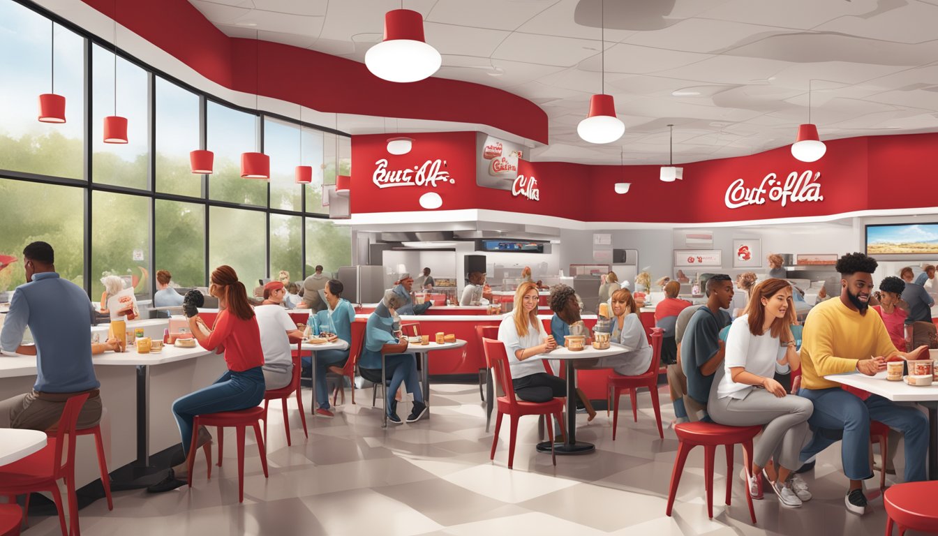 A bustling Chick-fil-A breakfast scene with customers enjoying their meals, iconic red and white branding, and social media engagement visible on screens