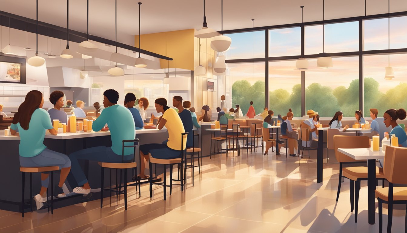 A bustling Chick-fil-A breakfast scene, with customers enjoying their meals in a modern, fast-casual dining environment. Sunrise colors and a welcoming atmosphere