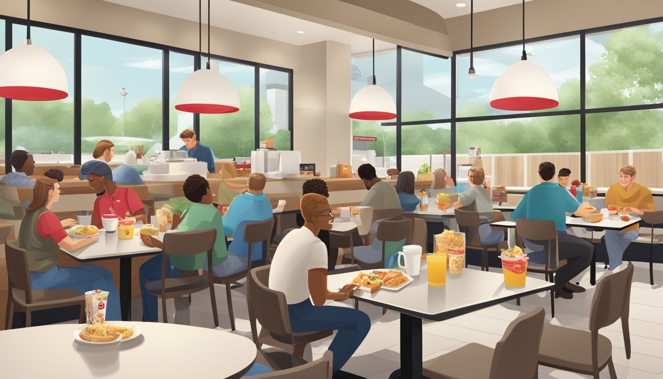 Customers enjoying breakfast at Chick-fil-A, with a friendly staff serving food in a clean, modern dining area. A mix of families and individuals dine-in or grab their meals to go