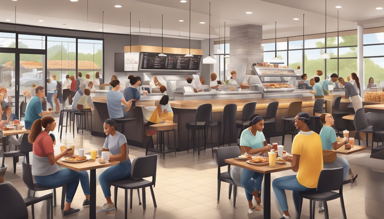 A bustling Chick-fil-A breakfast rush with customers ordering and receiving their food in a modern, fast-casual dining environment