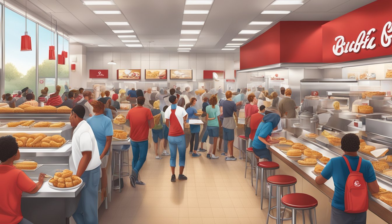 A bustling Chick-fil-A breakfast scene with customers eagerly lining up, the iconic red and white branding, and the smell of freshly cooked chicken biscuits and waffle fries filling the air