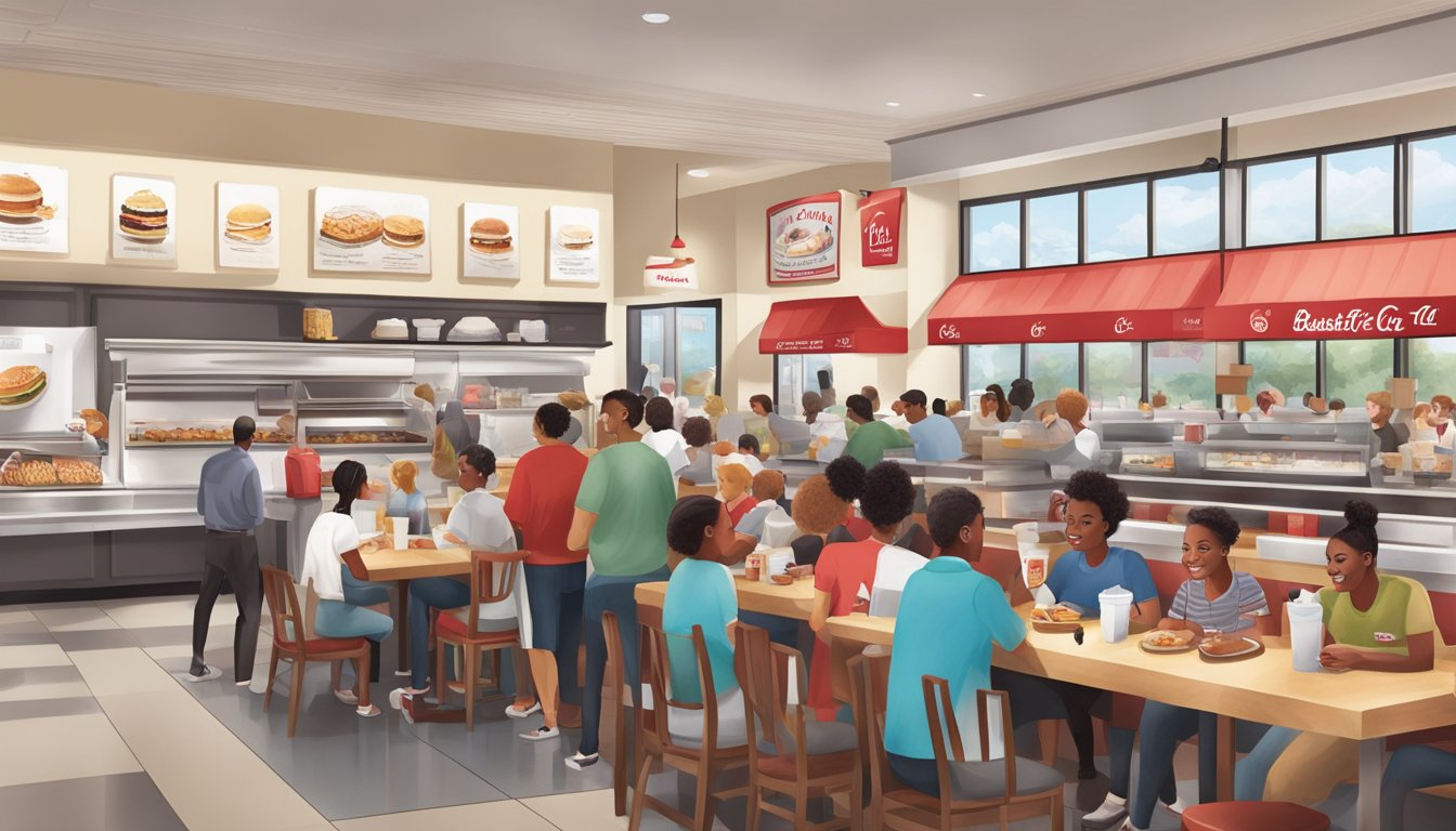 A bustling Chick-fil-A restaurant with a line of customers, employees serving breakfast, and a sense of community and partnership with local businesses