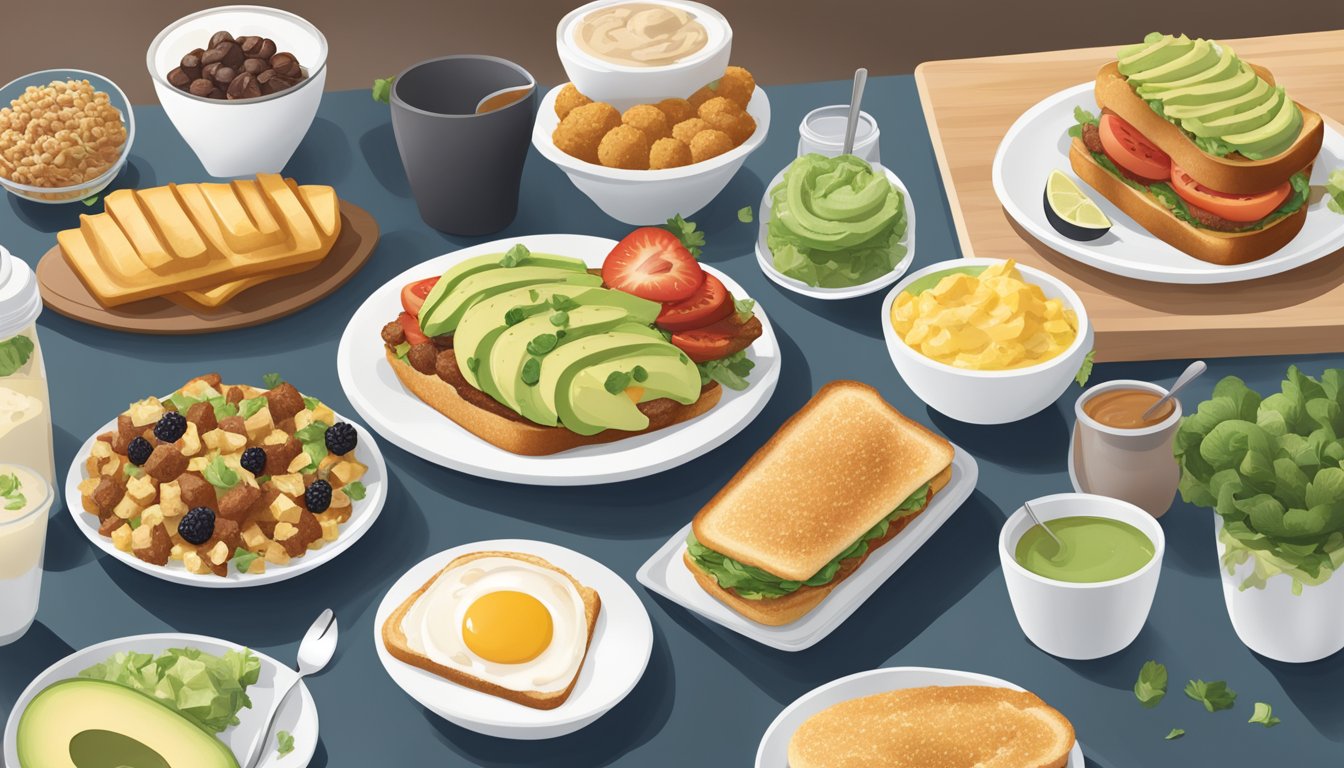 A bustling Chick-fil-A breakfast scene with a variety of healthy food options and trendy dietary choices, such as avocado toast and protein-packed breakfast bowls