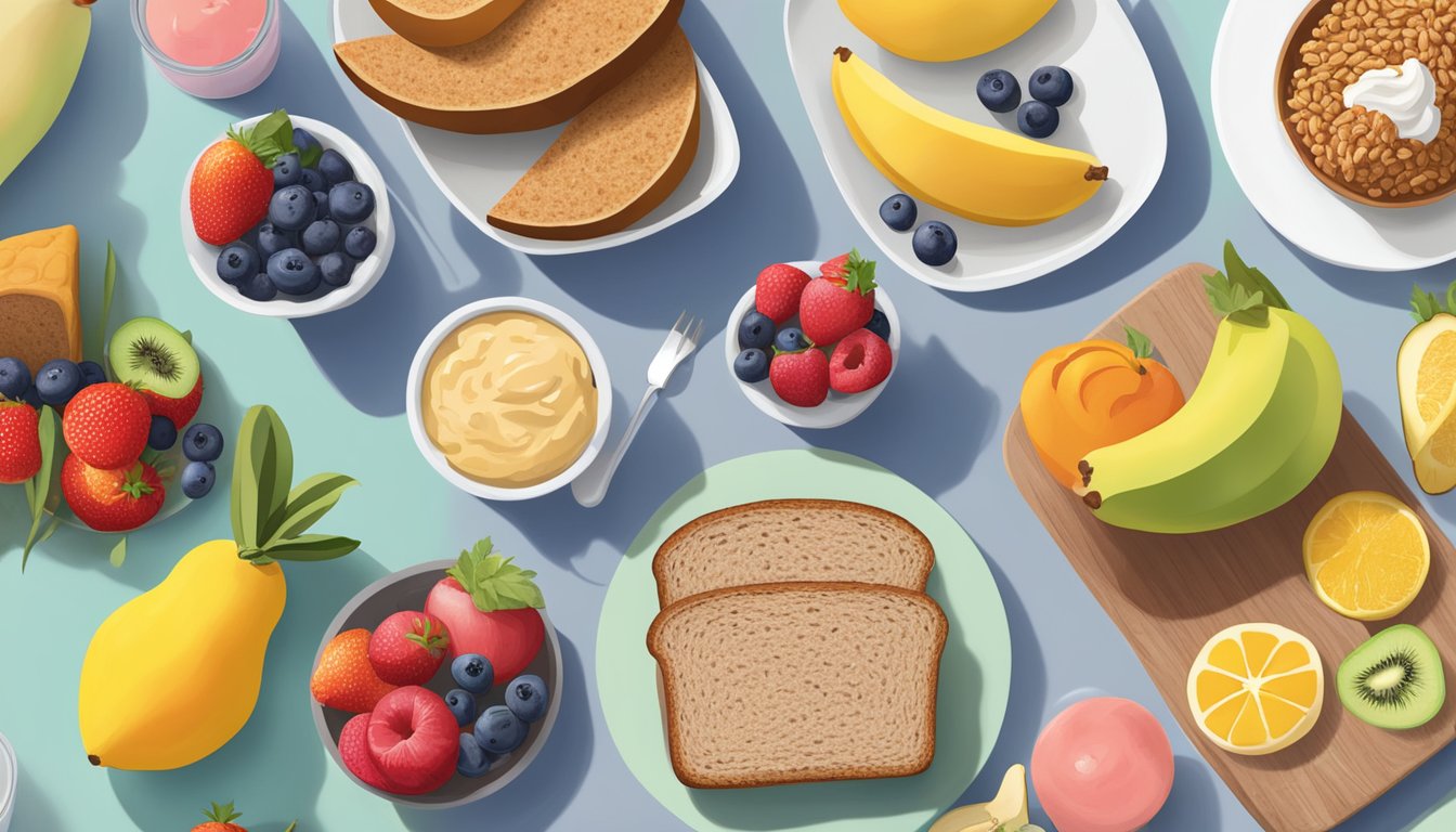 A colorful array of fresh fruits, whole grain bread, and various plant-based protein options arranged on a table, with the Chick-fil-A logo in the background