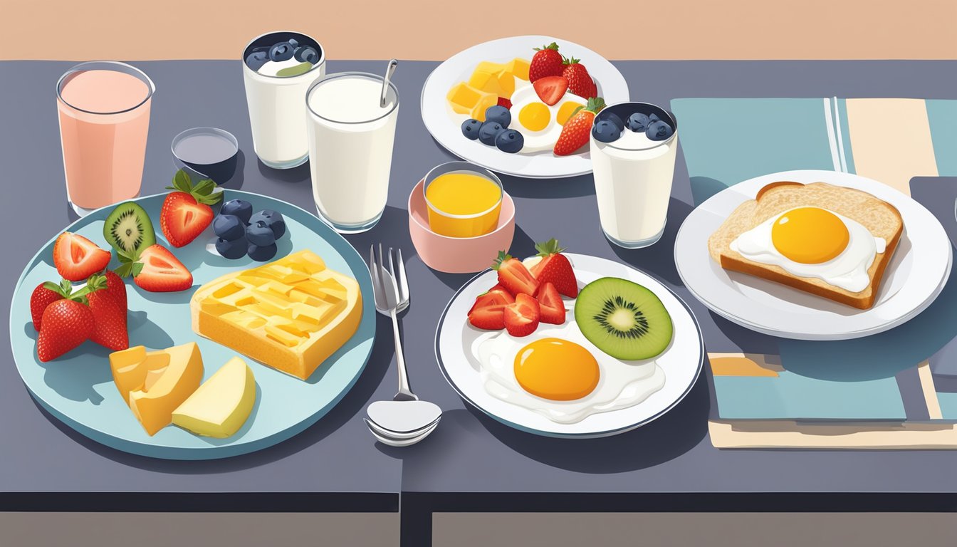 A colorful array of breakfast items, including yogurt parfaits, egg white grill sandwiches, and fruit cups, displayed on a modern, minimalist table setting