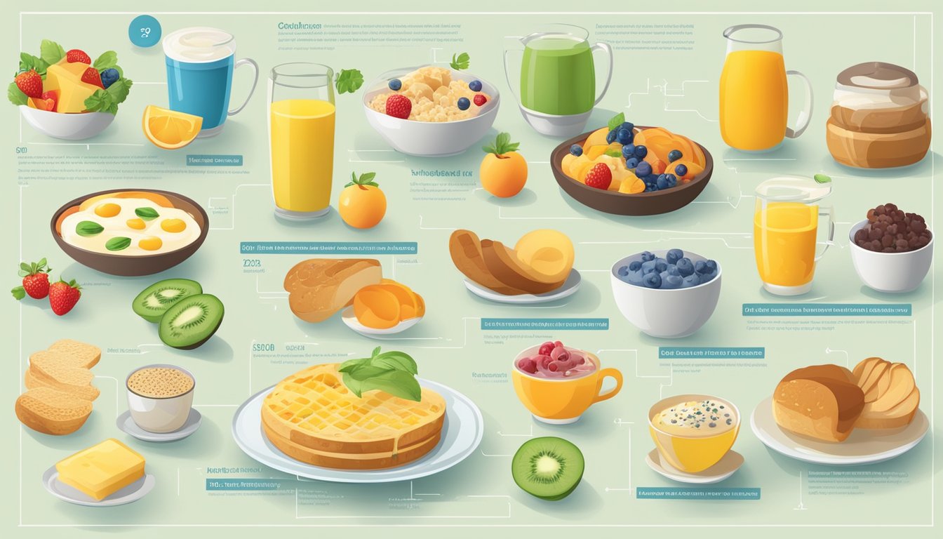 A colorful infographic with various breakfast items and their corresponding nutritional information displayed in a clear and easy-to-read format