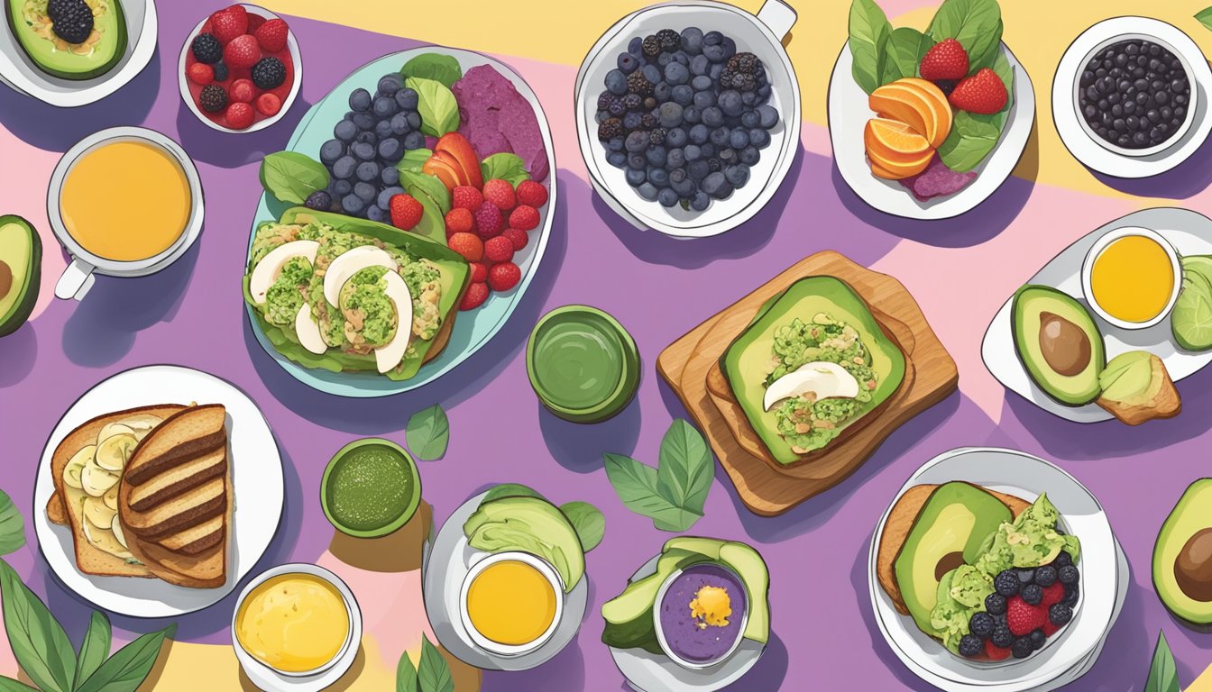 A colorful breakfast spread with a variety of healthy and trendy options, including avocado toast, acai bowls, and plant-based breakfast sandwiches