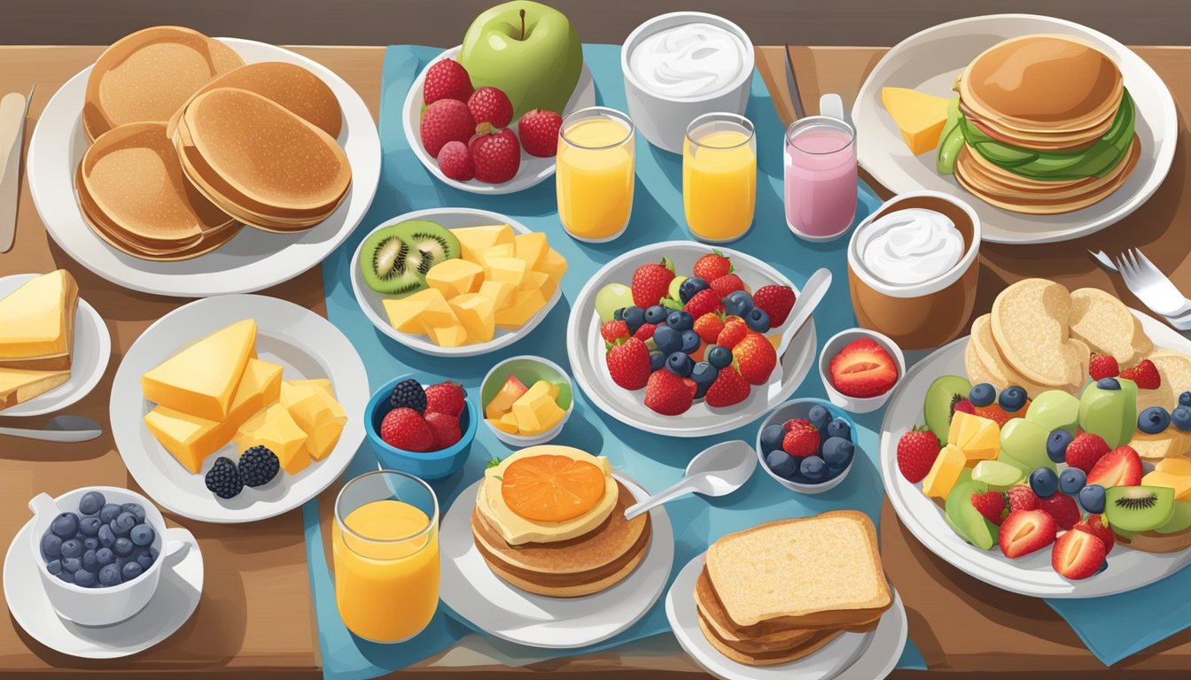 A colorful breakfast spread with a variety of options, including fruit, yogurt, and breakfast sandwiches, arranged on a table with different place settings for children, adults, and seniors