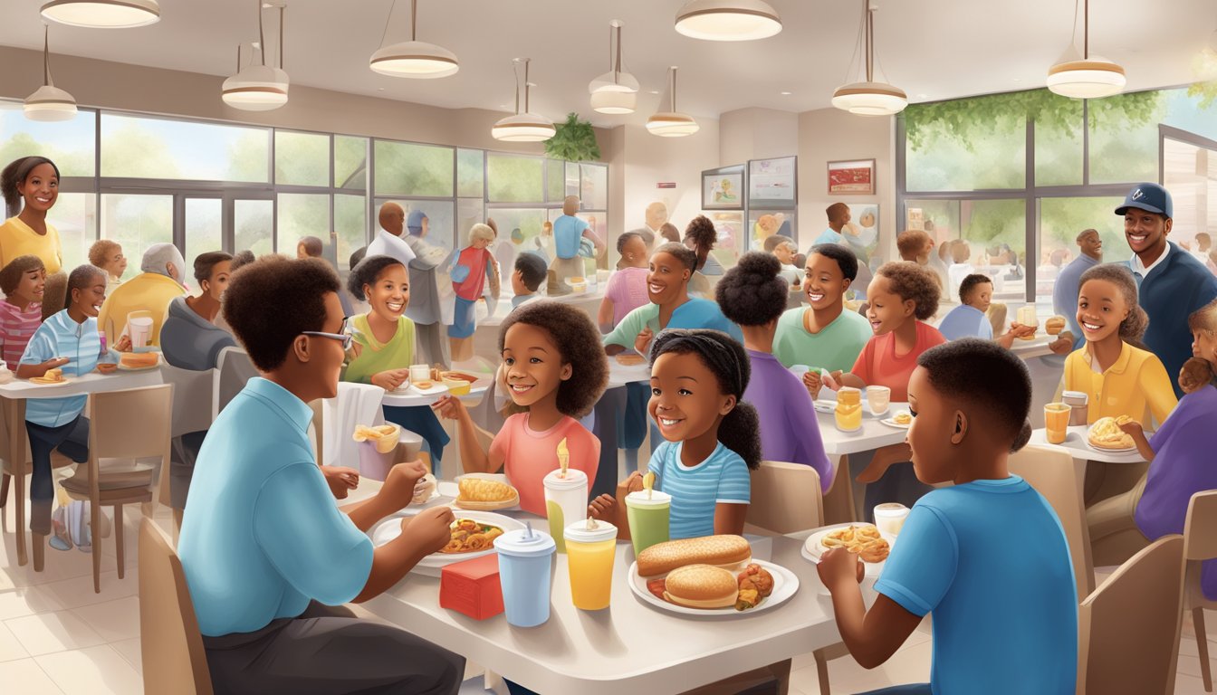 A bustling Chick-fil-A breakfast scene with a diverse range of customers enjoying their meals, from families with young children to professionals on-the-go