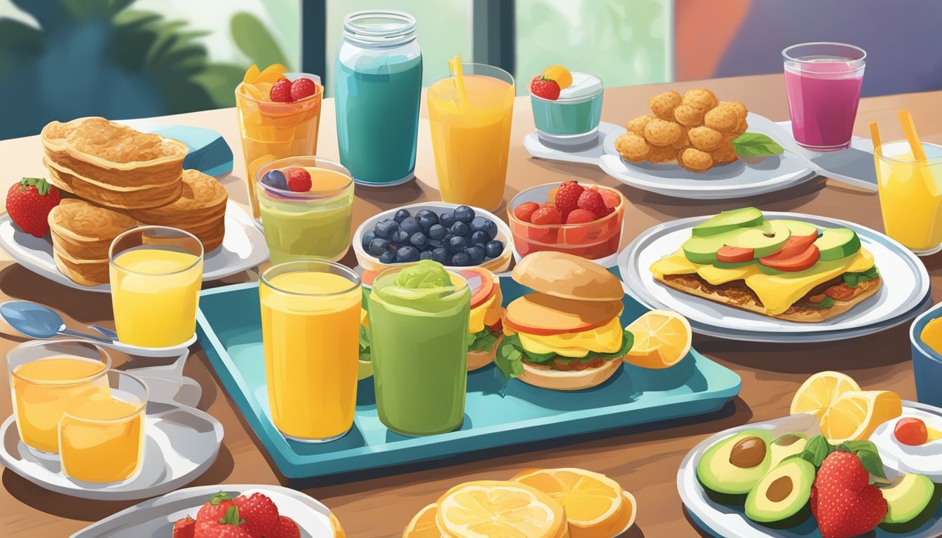 A colorful and vibrant breakfast spread with a variety of kid-friendly and trendy millennial options, including chicken biscuits, fruit cups, and avocado toast