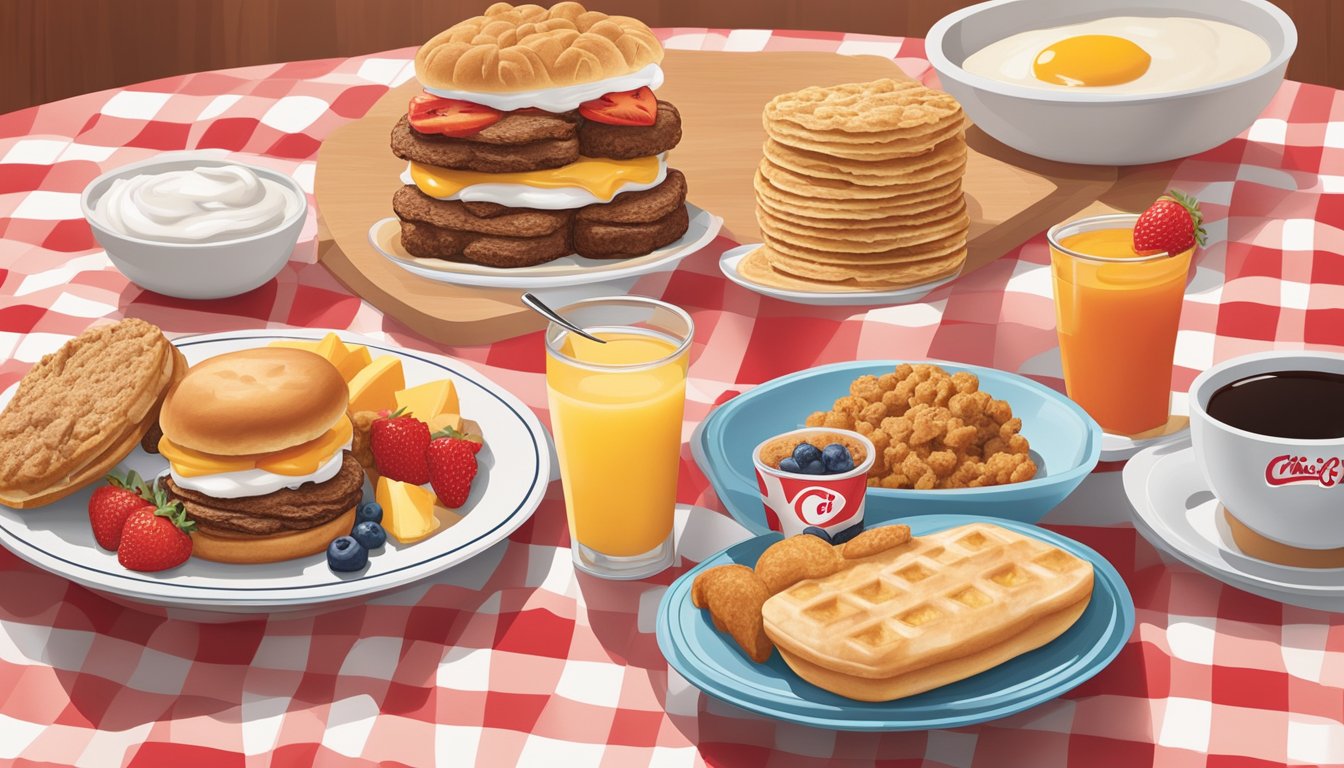 A colorful array of breakfast items, from hearty biscuits to fruit parfaits, displayed on a table with a backdrop of Chick-fil-A's iconic red and white branding