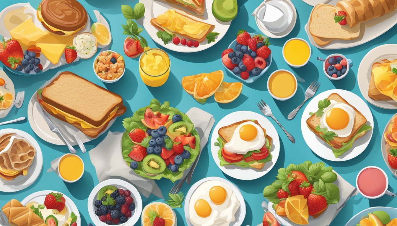 A colorful array of breakfast items, from hearty sandwiches to fruity parfaits, arranged on a table with a diverse range of ages enjoying their meals