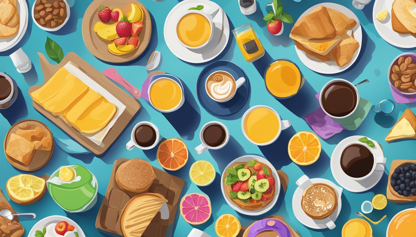 A colorful array of breakfast items and drinks, from coffee to juice, laid out on a table, appealing to all age groups